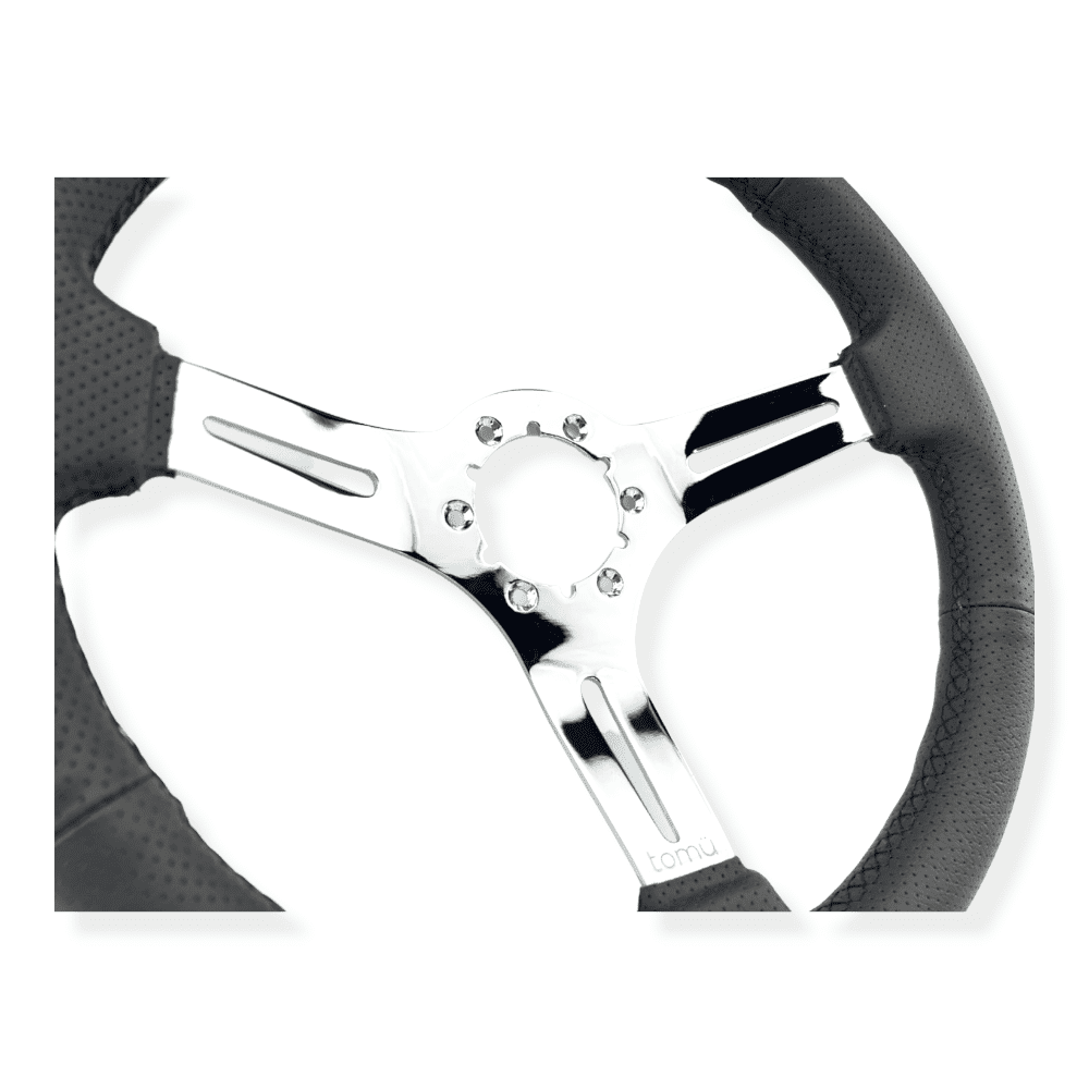 Tomu Fuji Black Perforated Leather and Chrome Spoke Steering Wheel