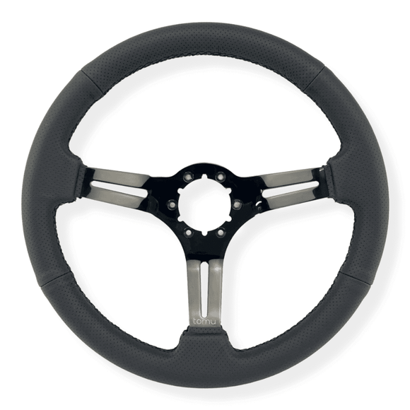 Tomu Fuji Black Perforated Leather and Black Mirror Chrome Spoke Steering Wheel - Tomu-Store.com