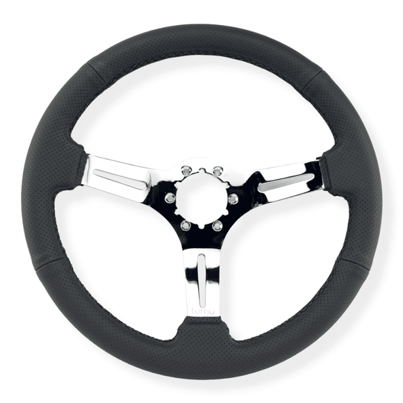 Tomu Fuji Black Perforated Leather and Chrome Spoke Steering Wheel - Tomu-Store.com
