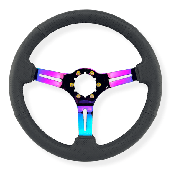 Tomu Fuji Black Perforated Leather with Neo Chrome Spoke Steering Wheel - Tomu-Store.com