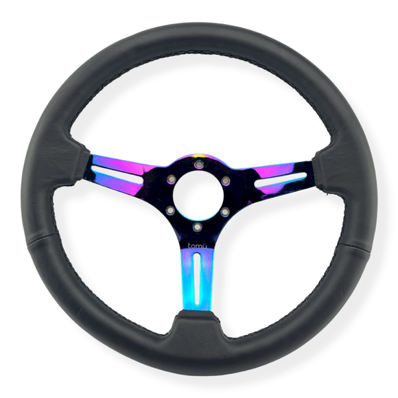 Tomu Tsukuba Black Leather with Neo Chrome Spoke Steering Wheel - Tomu-Store.com